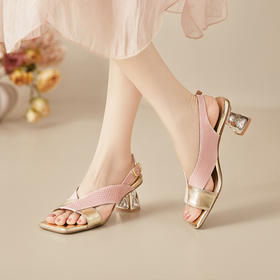 【预售5天】法式气质水钻高跟凉鞋女夏季新款鱼嘴后空方头百搭粗跟凉鞋MBJR&6931