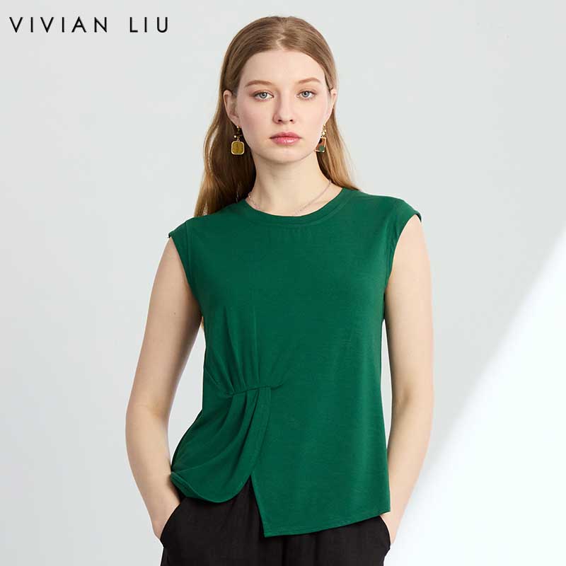 VIVIAN LIU R2447310 25春季女装圆领腰部捏褶不规则砍袖针织衫