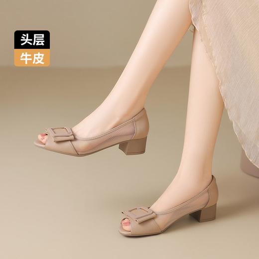 ZHR则则头层牛皮真皮镂空浅口粗跟法式鱼嘴单鞋2025新款时尚女鞋 商品图8