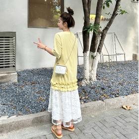 2025新品  软软同款【夏日暖风】时尚休闲韩版小清新下摆花边拼接蕾丝连衣裙