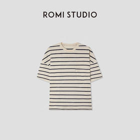 ROMI STUDIO 桑蚕丝汉麻天丝混纺复古条纹宽松短袖T恤 RWCRS84186【发货时间：25-30天】