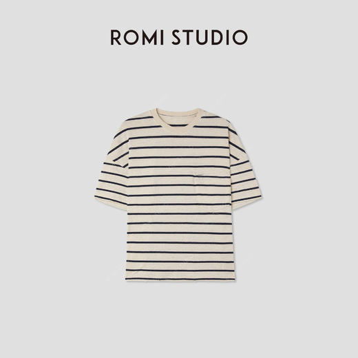 ROMI STUDIO 桑蚕丝汉麻天丝混纺复古条纹宽松短袖T恤 RWCRS84186【发货时间：25-30天】 商品图0