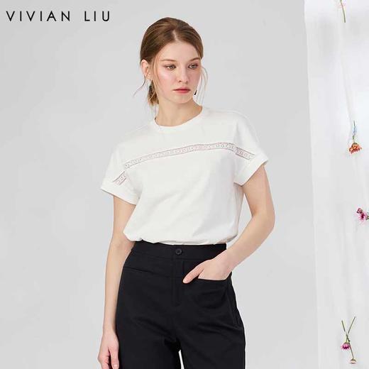 VIVIAN LIU V2537306 夏季新款圆领前胸拼花边宽松休闲短袖T恤 商品图0