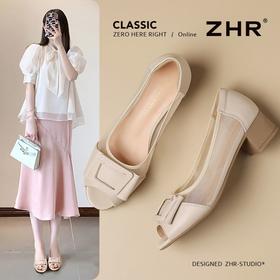 ZHR则则头层牛皮真皮镂空浅口粗跟法式鱼嘴单鞋2025新款时尚女鞋