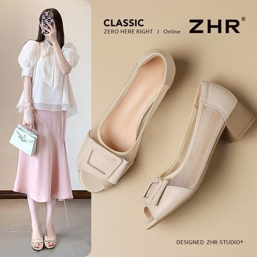 ZHR则则头层牛皮真皮镂空浅口粗跟法式鱼嘴单鞋2025新款时尚女鞋 商品图0