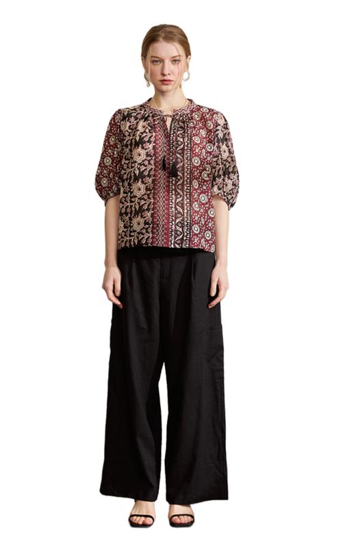 VIVIAN LIU V2523002春季女装立领泡泡袖袖口收紧印花民族风罩衫 商品图5