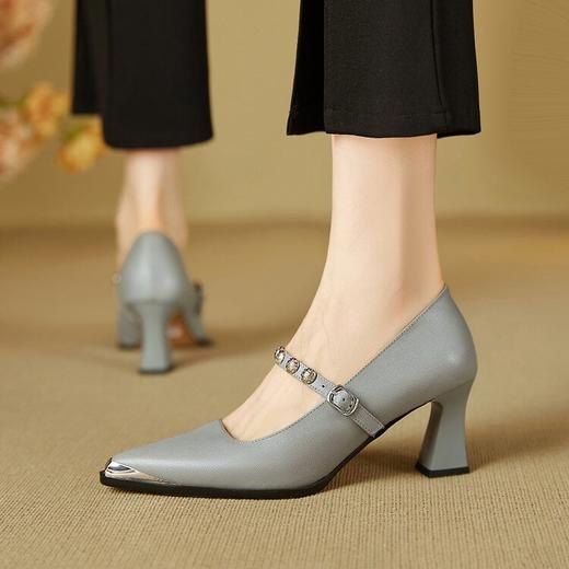 【预售5天】水晶羊皮！高跟鞋女气质高级新款一字扣带粗跟真皮单鞋KNTNX&KT1818 商品图0