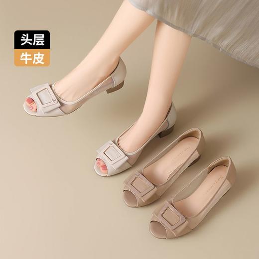 ZHR则则头层牛皮真皮镂空浅口粗跟法式鱼嘴单鞋2025新款时尚女鞋 商品图7