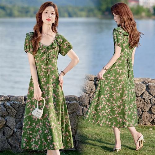 V领中长款碎花连衣裙，收腰显瘦修身过膝中长裙HR-HBLJRA1177 商品图0