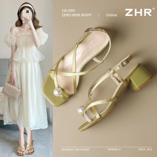 ZHR则则珍珠凉鞋2025夏季新款气质百搭粗跟交叉细带凉鞋通勤女鞋 商品图2