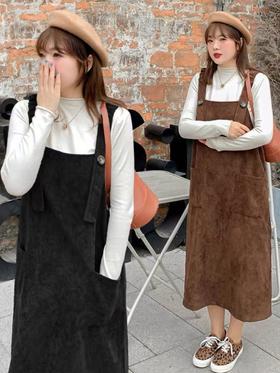 【诗铭洛可】XC2122背带裙法式复古大码条绒单件裙B17-4
