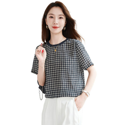 QS-12501717【经典百搭】100%桑蚕丝圆领短袖打底衫夏季格纹真丝T恤女1717 商品图4