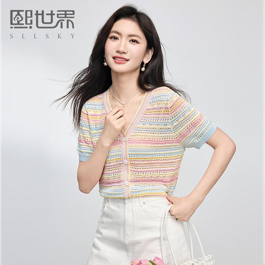熙世界多巴胺彩虹条纹针织开衫女短袖2025年新款夏季镂空短款上衣 商品图0
