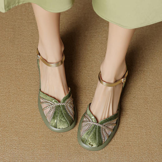 【预售5天】新中式拼接网纱包头凉鞋女新款夏国风中空粗跟凉鞋YCJX&H-8035 商品图2