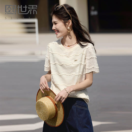熙世界设计感流苏短袖T恤上衣女2025夏新款宽松慵懒别致纯棉小衫 商品图0