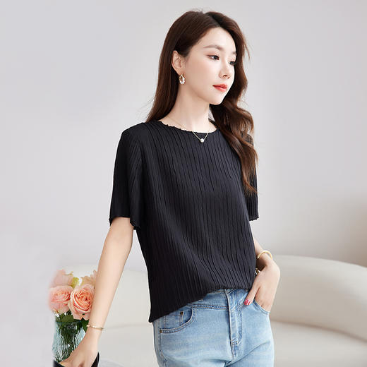 QS-12501551【真丝柔叠绉】原创真丝打底上衣女夏款桑蚕丝薄款短袖T恤女1551 商品图2