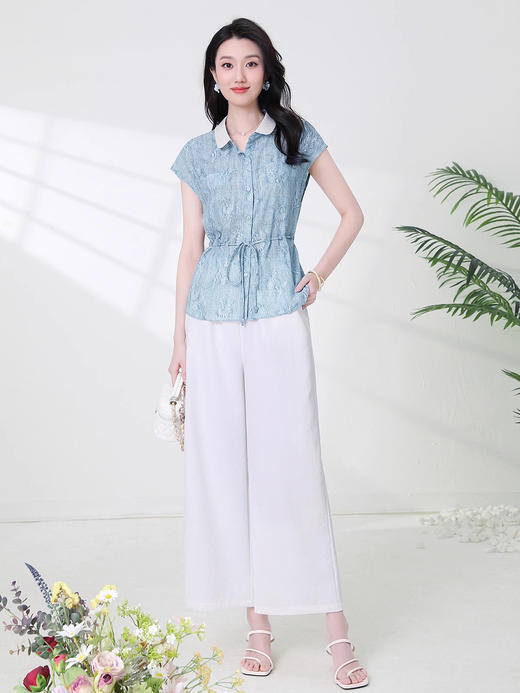 全新升级【铂金会员257/天猫339/差价82】(99203)时尚减龄套装女2025新款夏季收腰提花衬衫阔腿裤两件套女 商品图4