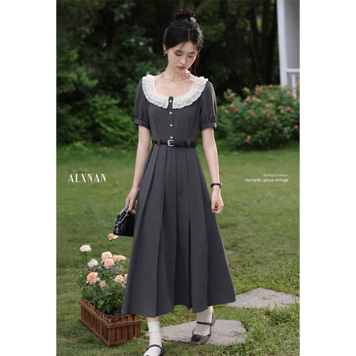 【65折秒杀】鹿向南「月迷灰韵」法式连衣裙女夏季小个子灰色短袖长款百褶裙L560109 商品图1