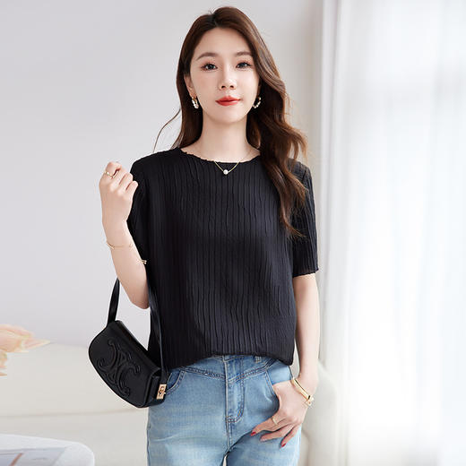 QS-12501551【真丝柔叠绉】原创真丝打底上衣女夏款桑蚕丝薄款短袖T恤女1551 商品图0