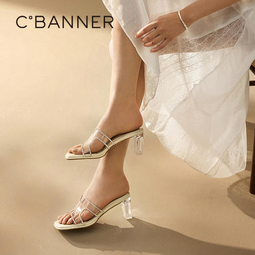 千百度粗高跟水晶透明拖鞋女外穿休闲配裙子凉拖鞋A25377820 商品图4