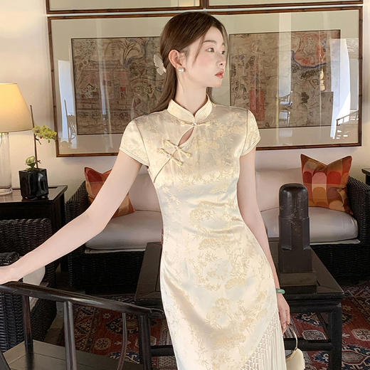 西遇新中式短袖连衣裙女夏季新款网纱拼接收腰盘扣改良旗袍SS050915 商品图2