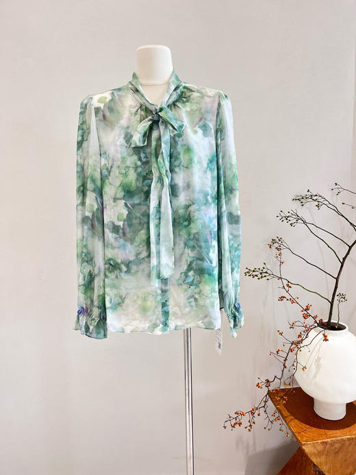 丁摩 防晒真丝衬衫女2025春夏新款长袖印花微透法式飘带桑蚕丝衬衣 商品图7