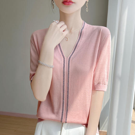 百媚生 莱赛尔针织衫短袖女V领镶钻五分袖T恤QT2-530 商品图0