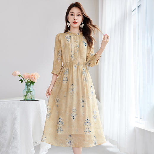 QS-丝麻混纺减龄真丝亚麻印花中长裙优雅新国风桑蚕丝连衣裙女1623 商品图3