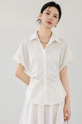 ESTELLICA 泡泡袖捏褶收腰白衬衫 20483