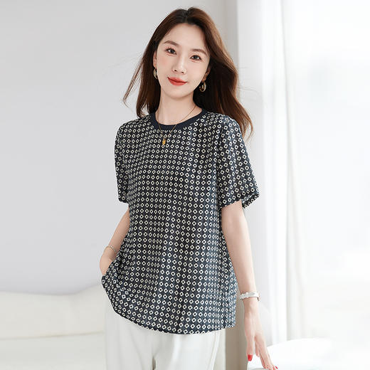 QS-12501717【经典百搭】100%桑蚕丝圆领短袖打底衫夏季格纹真丝T恤女1717 商品图2