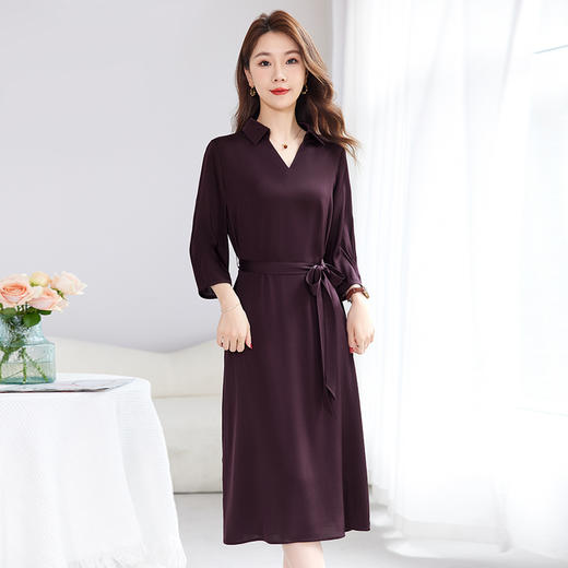 QS-82501119桑蚕丝弹力双乔小V翻领素雅真丝连衣裙那夏季收腰气质中长裙1119 商品图0