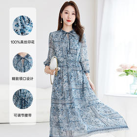 丁摩 【国风印花】2025夏季大码真丝连衣裙女100%桑蚕丝乔其字裙9818