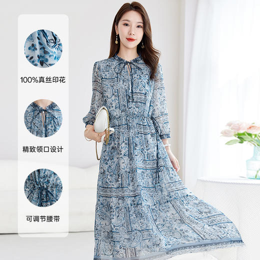 丁摩 【国风印花】2025夏季大码真丝连衣裙女100%桑蚕丝乔其字裙9818 商品图0