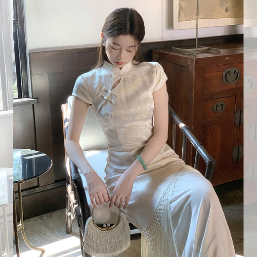 西遇新中式短袖连衣裙女夏季新款网纱拼接收腰盘扣改良旗袍SS050915 商品图4