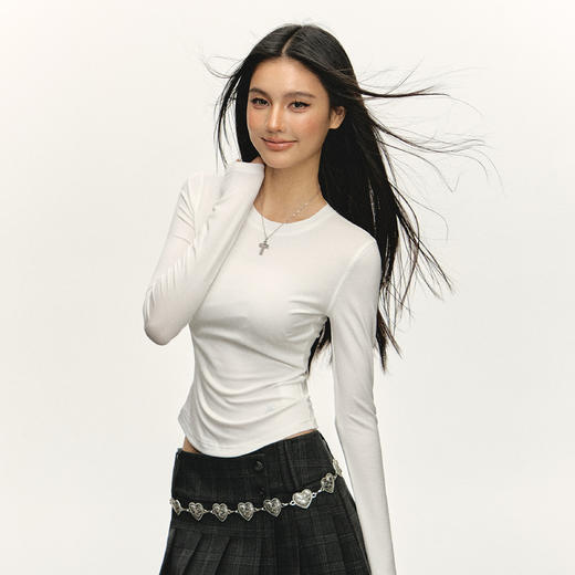 Ariseism 美式复古纯色微透长袖t恤女春秋新款修身打底上衣 商品图3