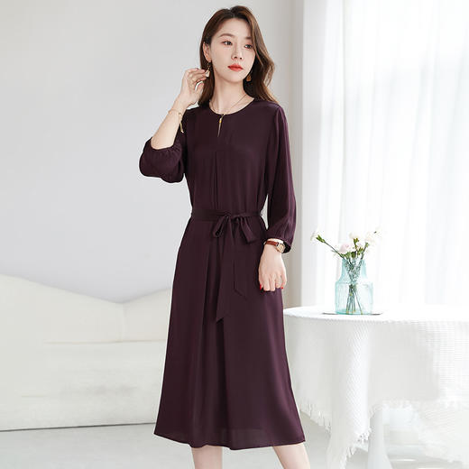 QS-82598766原创纯色优雅通勤气质真丝连衣裙弹力双乔桑蚕丝中长裙子8766 商品图1