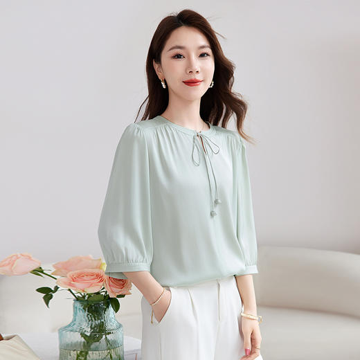 QS-12501617【真丝衬衫】夏季新款七分袖上衣时尚洋气桑蚕丝衬衣别致小衫1617 商品图1