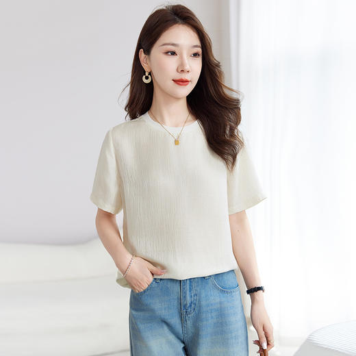 QS-12501517【真丝提花】丝绸原创女装桑蚕丝圆领T恤夏短袖打底衫女1517 商品图1