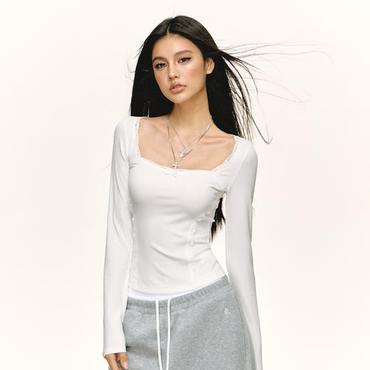 Ariseism 美式复古蕾丝领长袖t恤女春秋新款修身内搭打底上衣 商品图3