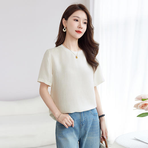 QS-12501517【真丝提花】丝绸原创女装桑蚕丝圆领T恤夏短袖打底衫女1517 商品图2