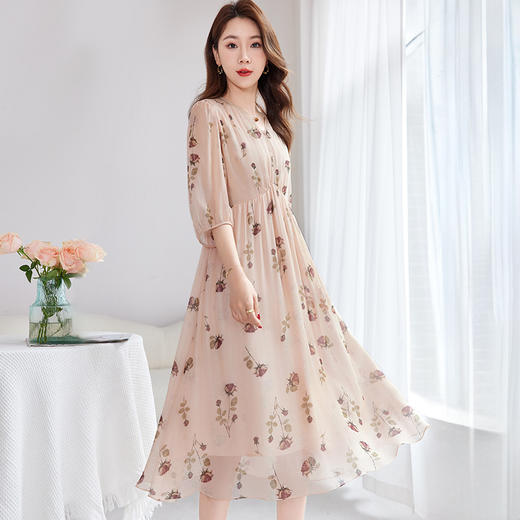 QS-82501579【源头工厂】中年V领宽松真丝连衣裙乔其桑蚕丝印花中长A字裙15 商品图2