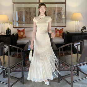 西遇新中式短袖连衣裙女夏季新款网纱拼接收腰盘扣改良旗袍SS050915