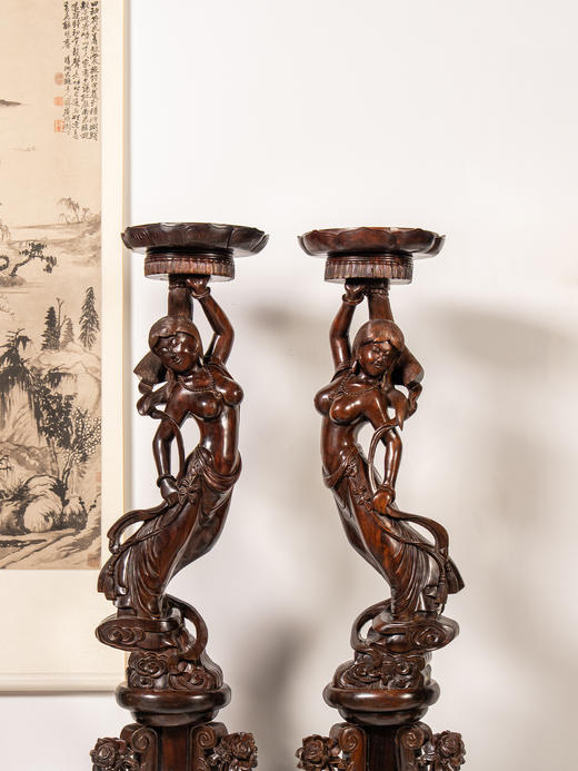 二十世纪	红木雕仕女落地灯台（一对） 商品图2