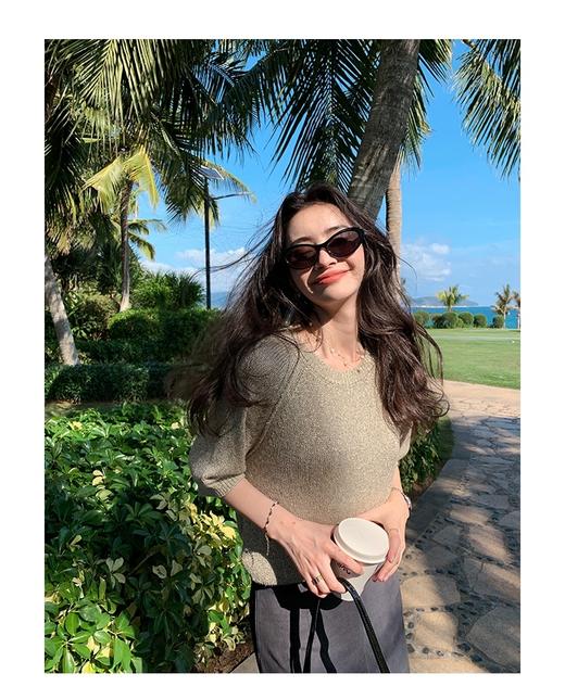 亚麻棉针织碎金流光针织衫五分袖显瘦随身衫 商品图1