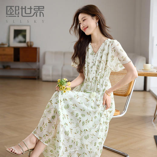 【专属特价】熙世界法式碎花V领连衣裙女夏季2025年新款垂感显瘦收腰雪纺裙子 商品图0