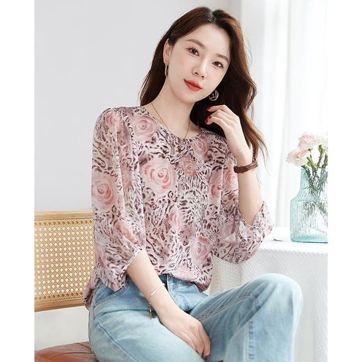 丁摩 【100%桑蚕丝】乔其印花打底小衫半袖圆领气质休闲真丝衬衫女1165 商品图3