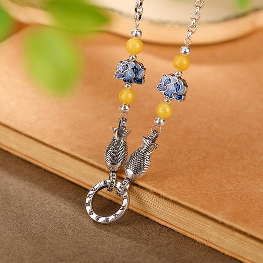 【莲花小鱼】S925纯银景泰蓝蜜蜡六字真言百搭套链【CW-23225】 商品图1