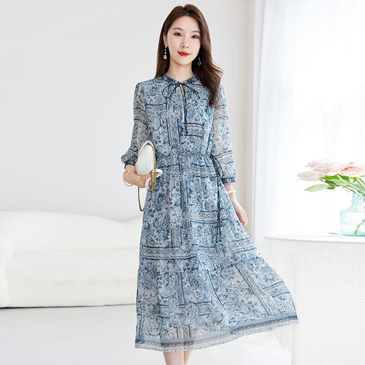 丁摩 【国风印花】2025夏季大码真丝连衣裙女100%桑蚕丝乔其字裙9818 商品图5