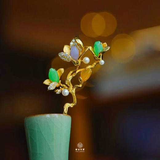 龢盒原创 天然福禄寿三色翡翠玉兰银发簪/茶针 商品图1