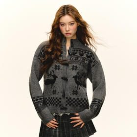 Ariseism  美式复古费尔岛半拉链立领提花毛衣外套女春秋新款